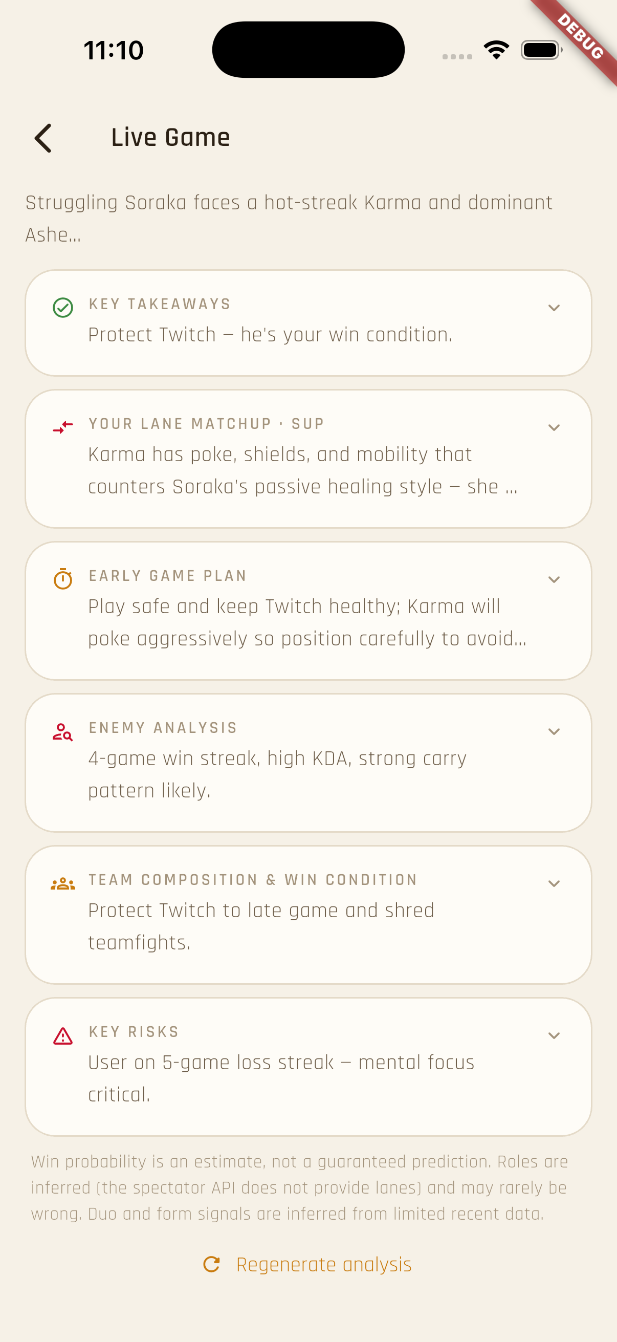 AI analysis screen with key takeaways, lane matchup, enemy analysis and risks