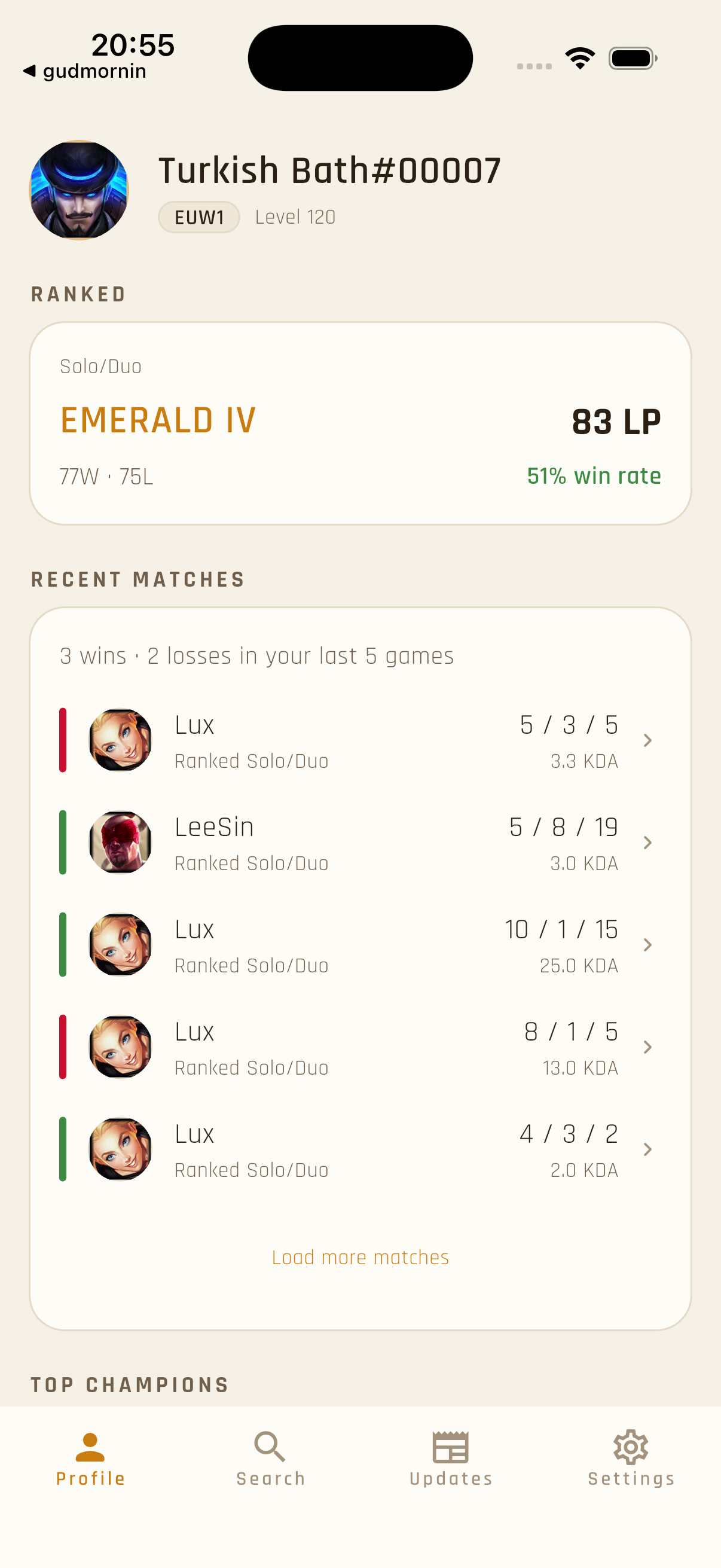 That App profile screen showing rank, recent matches and a live game card